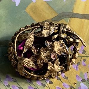 Antique Vintage Art Nouveau Czech Purple Amethyst Glass Brooch Organic Design